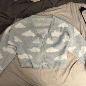 Crop Light Blue Cardigan with Fluffy Cloud Pattern